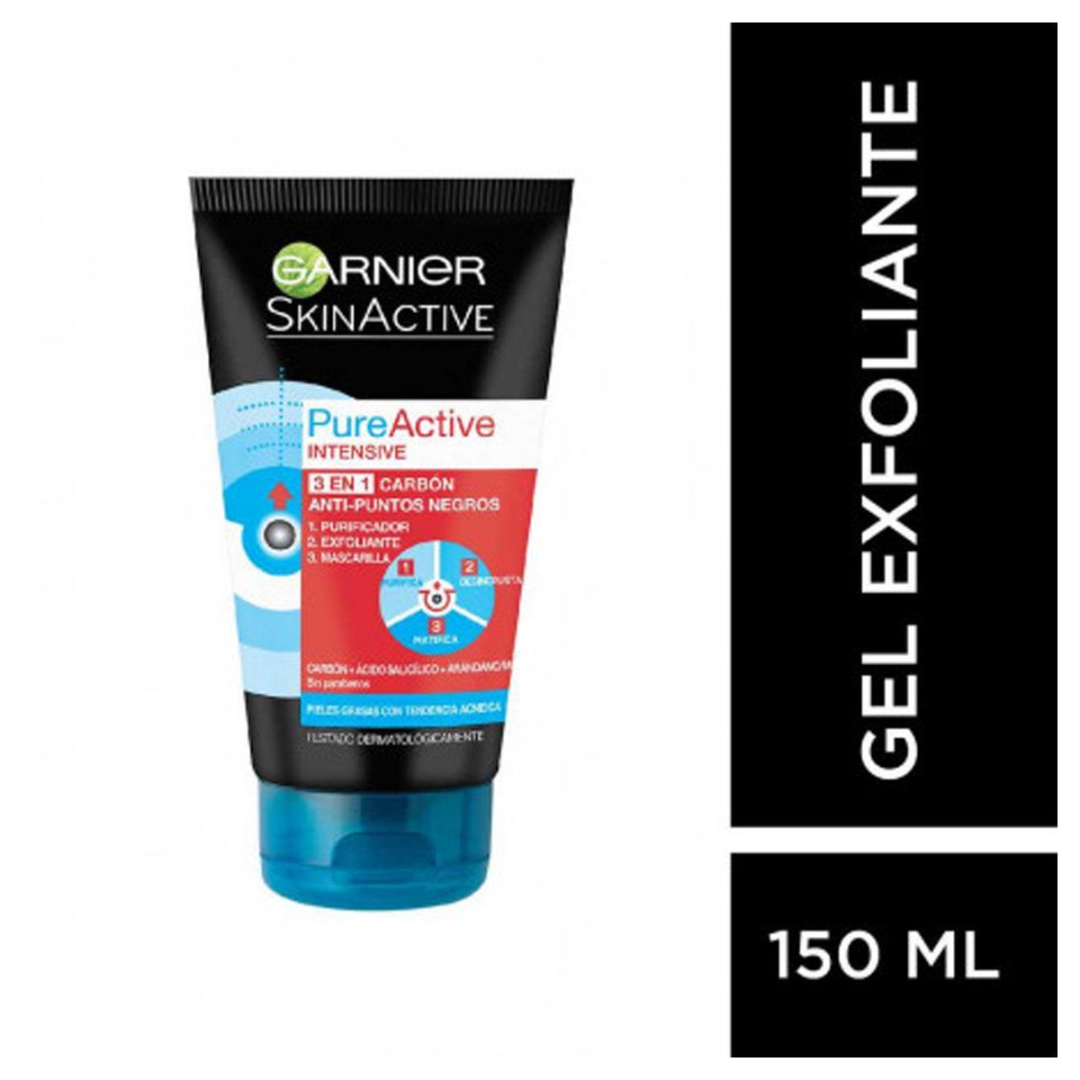 GARNIER - Gel Limpiador y Exfoliante Facial con Carbón 3 en 1