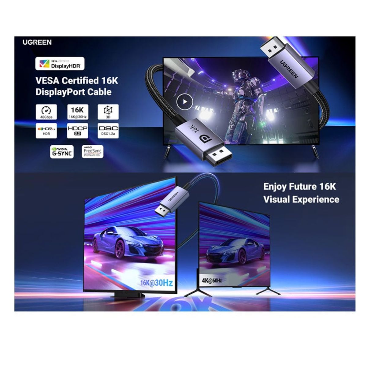 UGREEN - UGREEN Cable Displayport 2.1 De 16k Monitor Para Computadora Laptop TV