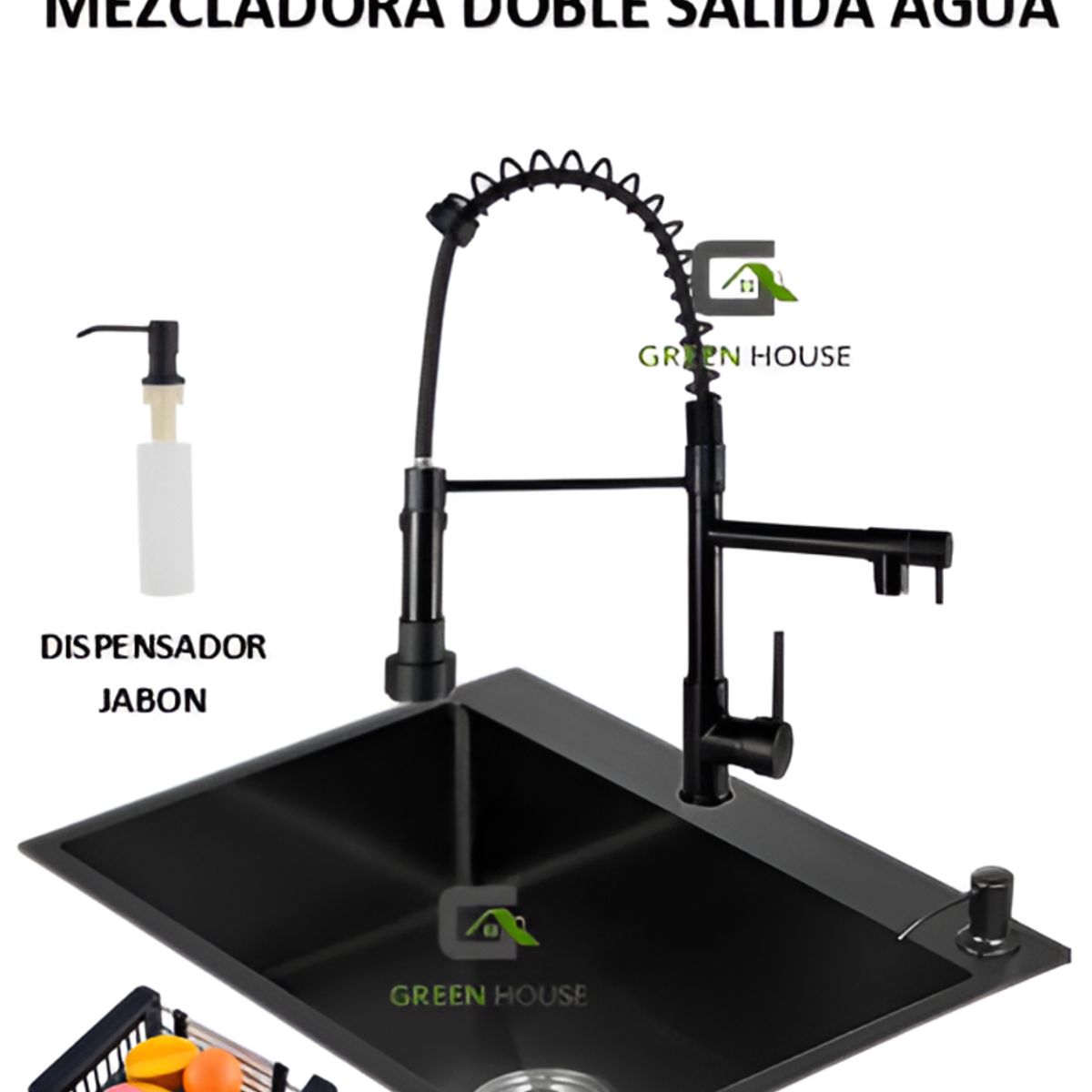 GENERICO - COMBO LAVADERO NEGRO 60X45X23CM  + MEZCLADORA DOBLE CAÑO ACERO