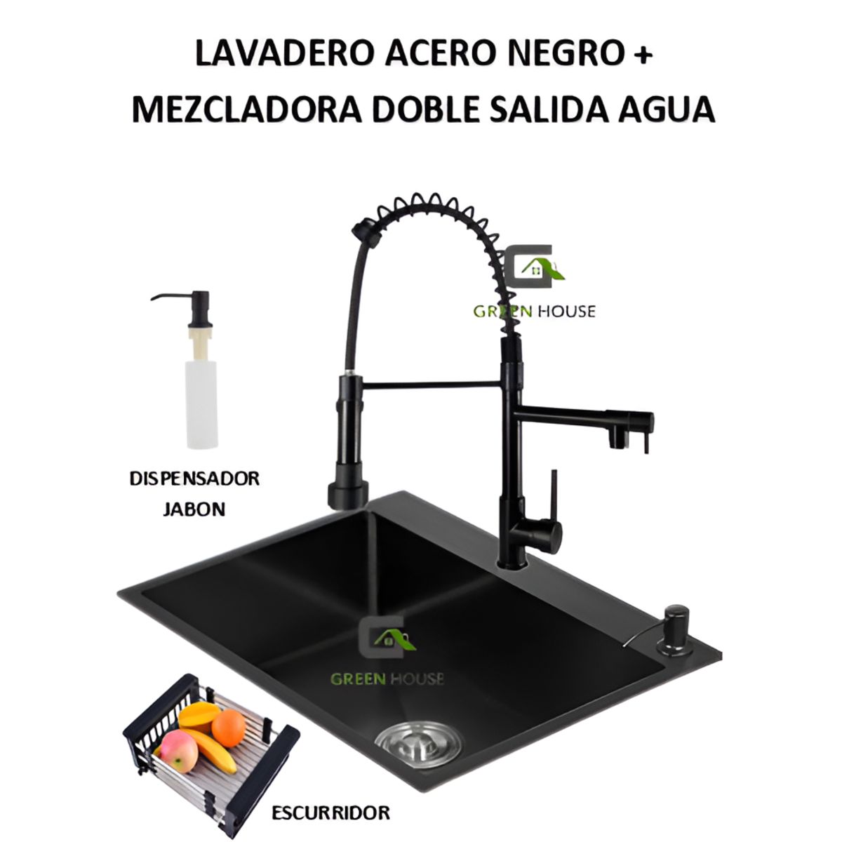 GENERICO - COMBO LAVADERO NEGRO 60X45X23CM  + MEZCLADORA DOBLE CAÑO ACERO