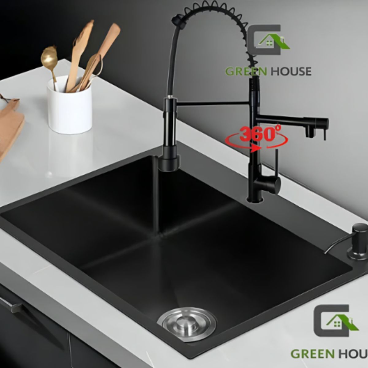 GENERICO - COMBO LAVADERO NEGRO 60X45X23CM  + MEZCLADORA DOBLE CAÑO ACERO