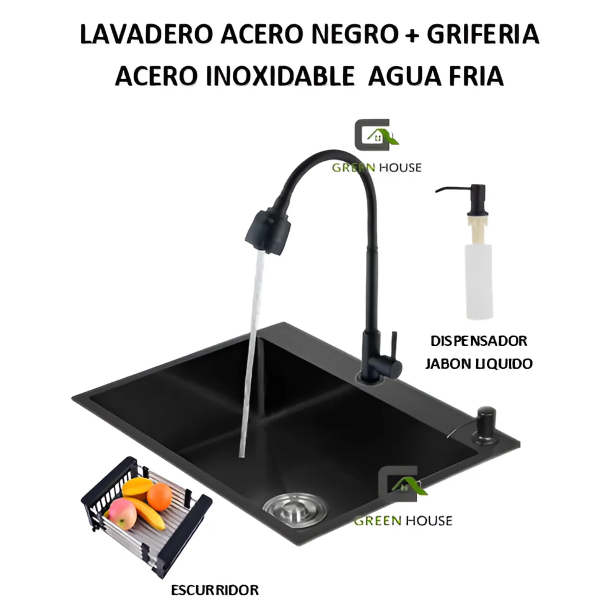 GREEN HOUSE - COMBO LAVADERO NEGRO 60X45X23CM  + GRIFERIA  ACERO AGUA FRIA