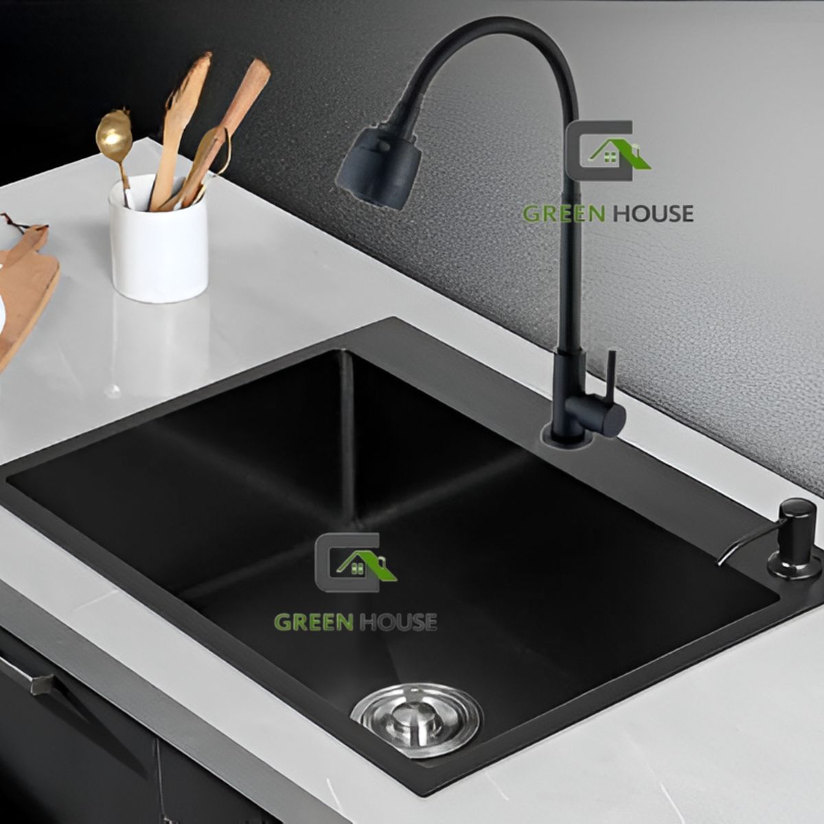 GREEN HOUSE - COMBO LAVADERO NEGRO 60X45X23CM  + GRIFERIA  ACERO AGUA FRIA