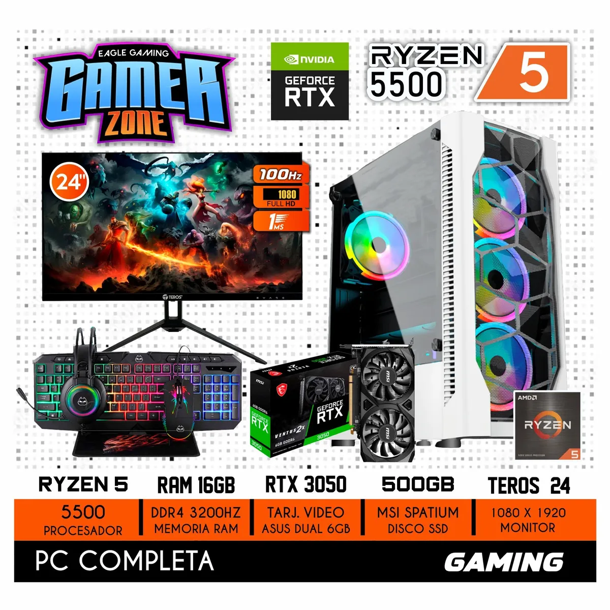 NVIDIA - COMPUTADORA PC GAMER AMD RYZEN 5 5500 16GB 500GB RTX 3050 6GB MONITOR 24 FULL HD