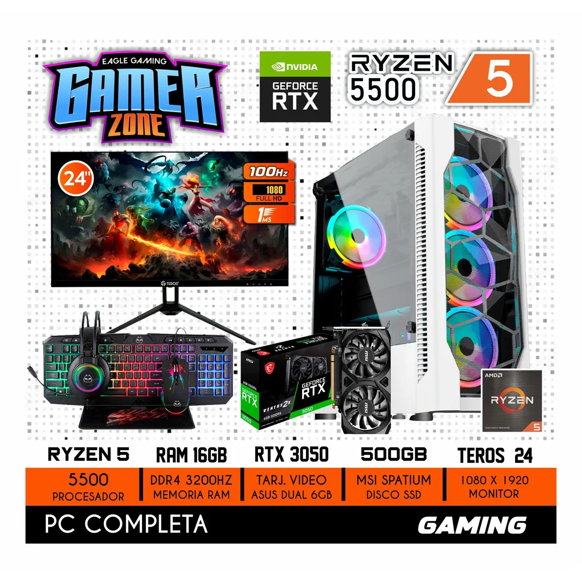 NVIDIA - COMPUTADORA PC GAMER AMD RYZEN 5 5500 16GB 500GB RTX 3050 6GB MONITOR 24 FULL HD