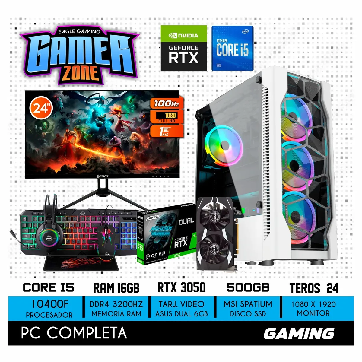 NVIDIA - COMPUTADORA PC GAMER INTEL CORE I5 10400F 16GB 500GB RTX 3050 6GB MONITOR 24 FHD