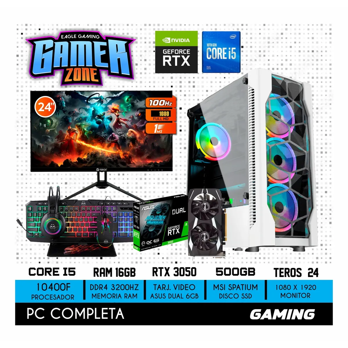 NVIDIA - COMPUTADORA PC GAMER INTEL CORE I5 10400F 16GB 500GB RTX 3050 6GB MONITOR 24 FHD