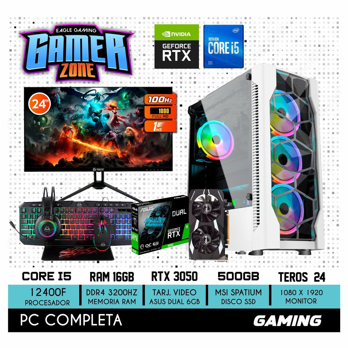 NVIDIA - COMPUTADORA PC GAMER INTEL CORE I5 12400F 16GB 500GB RTX 3050 6GB MONITOR 24 FHD