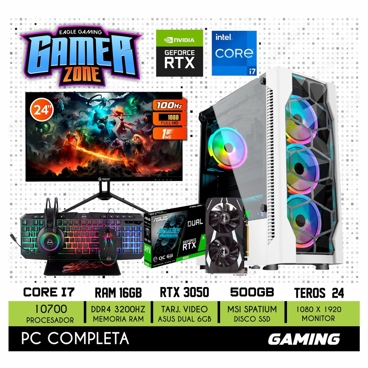 NVIDIA - COMPUTADORA PC GAMER INTEL CORE I7 10700F 16GB 500GB RTX 3050 6GB MONITOR 24 FHD