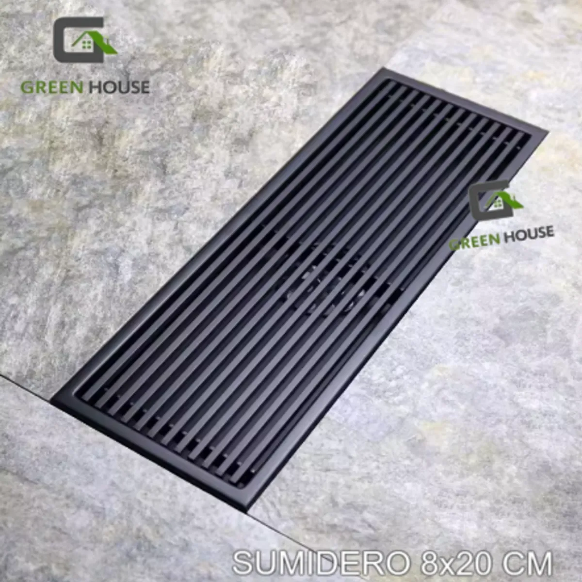 GREEN HOUSE - SUMIDERO DE ACERO SUS 304 RECTANGULAR 8 x20 CM NEGRO