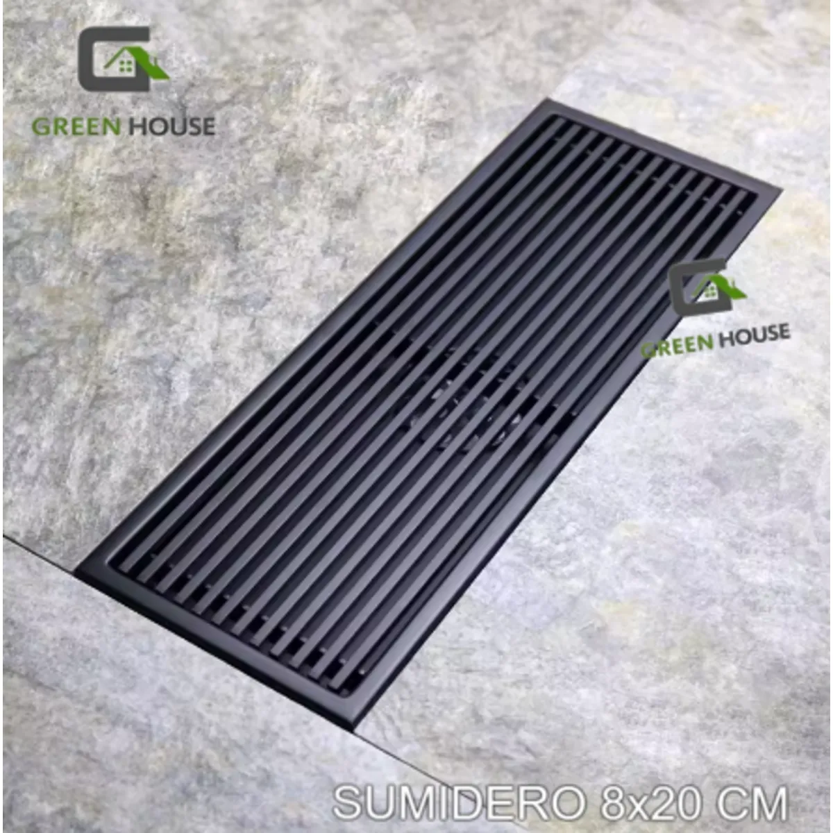 GREEN HOUSE - SUMIDERO DE ACERO SUS 304 RECTANGULAR 8 x20 CM NEGRO