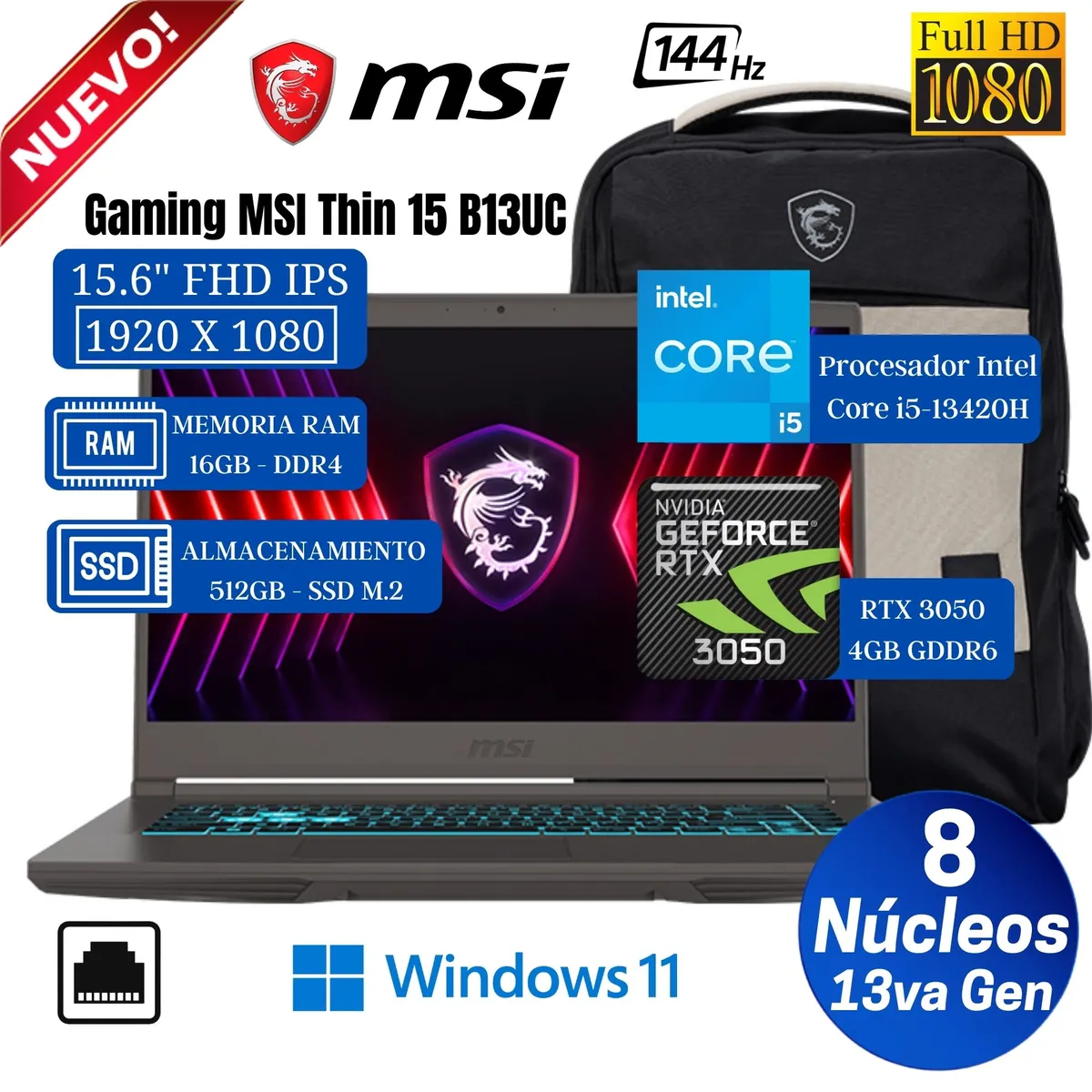 MSI - Laptop MSI Thin 15 B13UC 15.6” FHD IPS, Intel Core i5-13450H, Ram 16GB, SSD 512GB, RTX 3050, Win 11 Pro