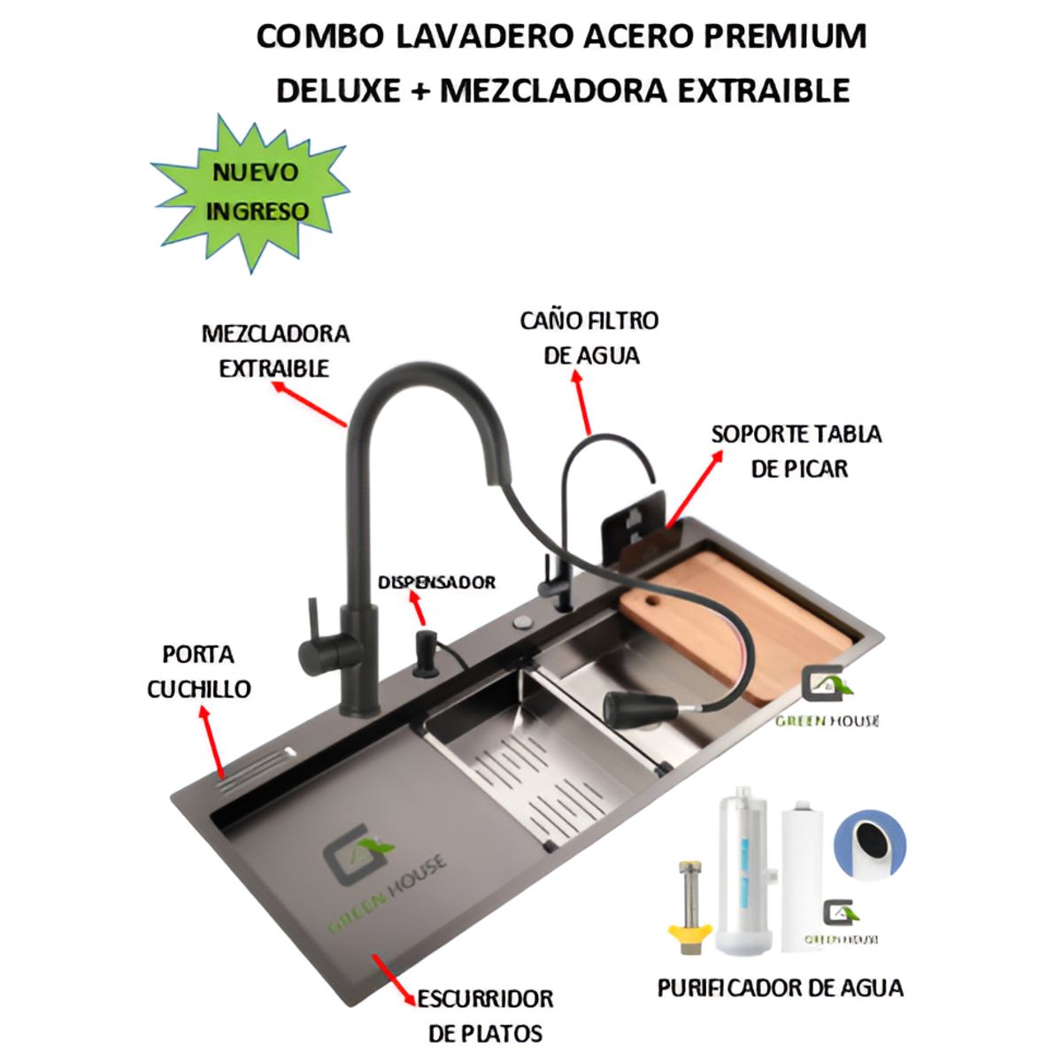 IMPORTADO MC - COMBO LAVADERO 100x 50 x23 CM ACERO PREMIUM DELUXE + MEZCLADORA