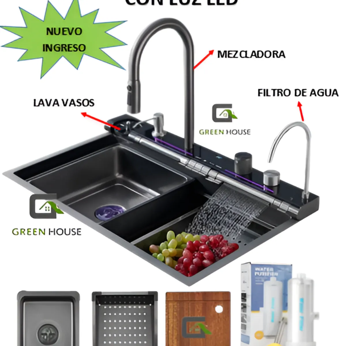 GENERICO - LAVADERO MULTIFUNCIONAL LUXURY BLACK 7 TECLAS CON LUZ LED