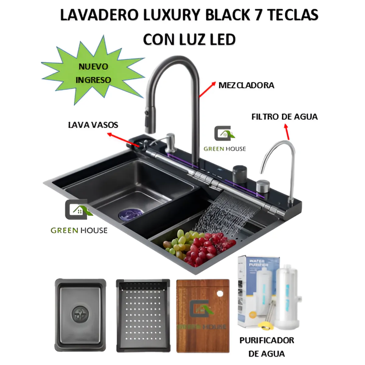 GENERICO - LAVADERO MULTIFUNCIONAL LUXURY BLACK 7 TECLAS CON LUZ LED