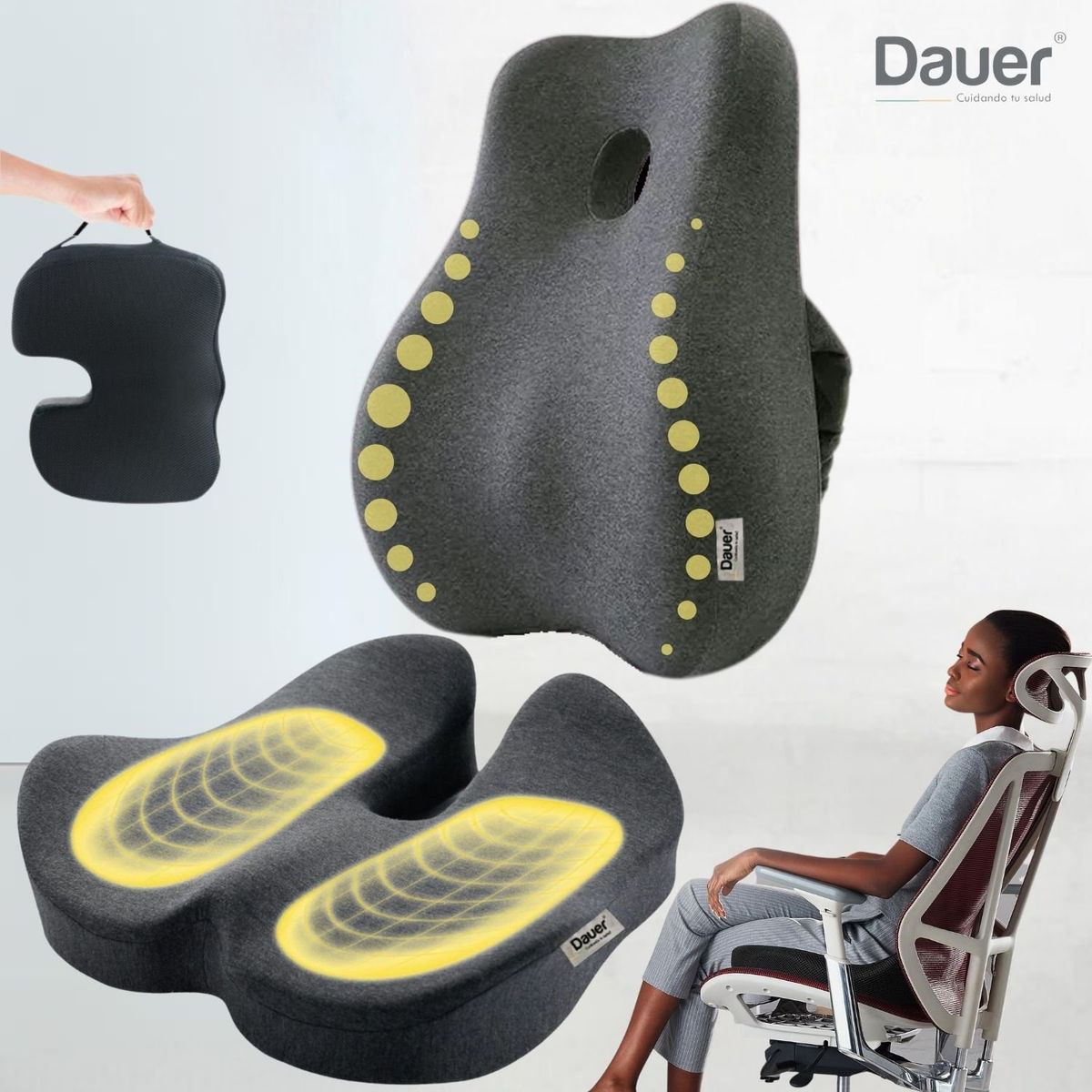 DAUER - Combo Cojines Ergonomicos Lumbar + Asiento 3D Espacial Talla Completa