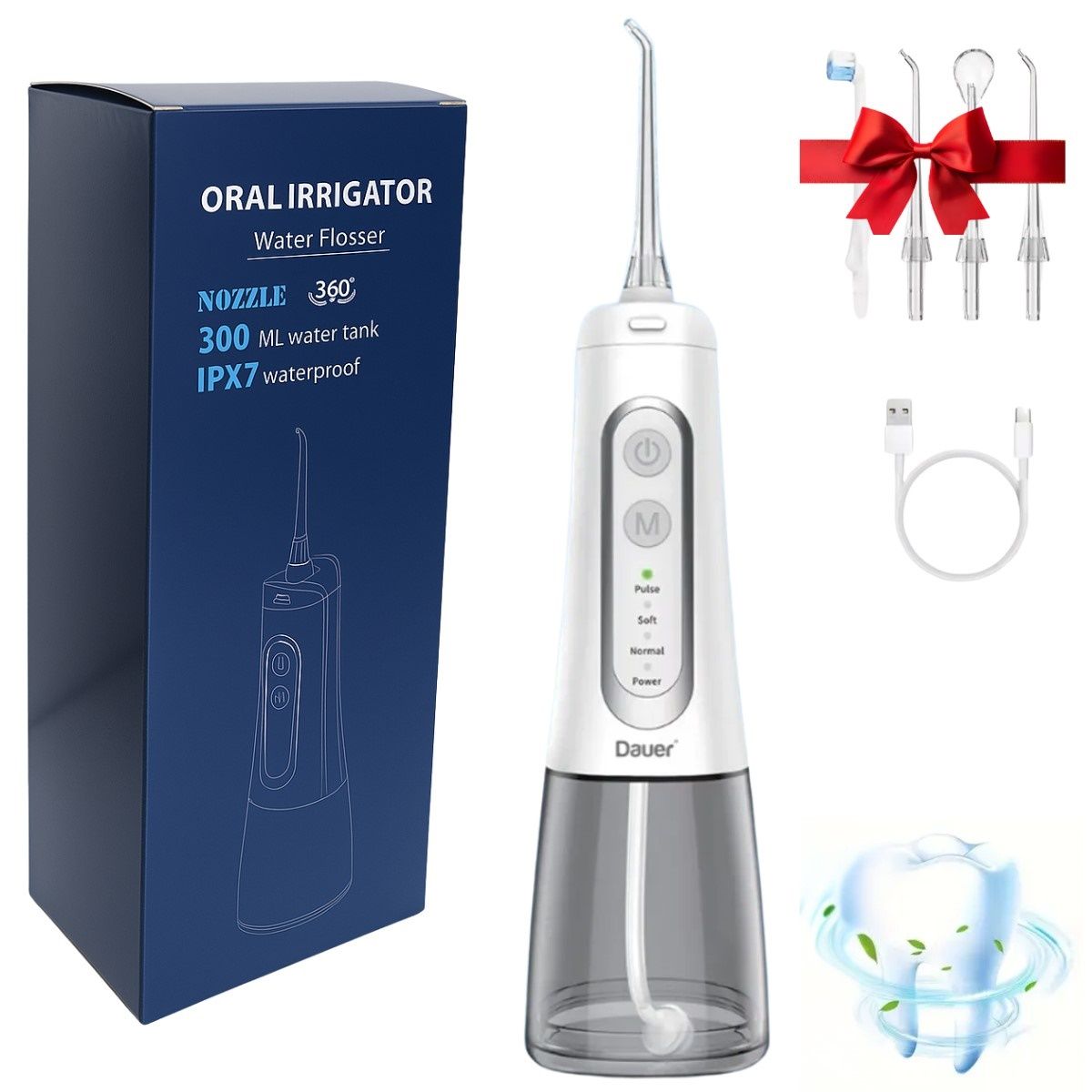 DAUER - Irrigador Bucal Inalámbrico Portátil  IPX7+4 Boquillas