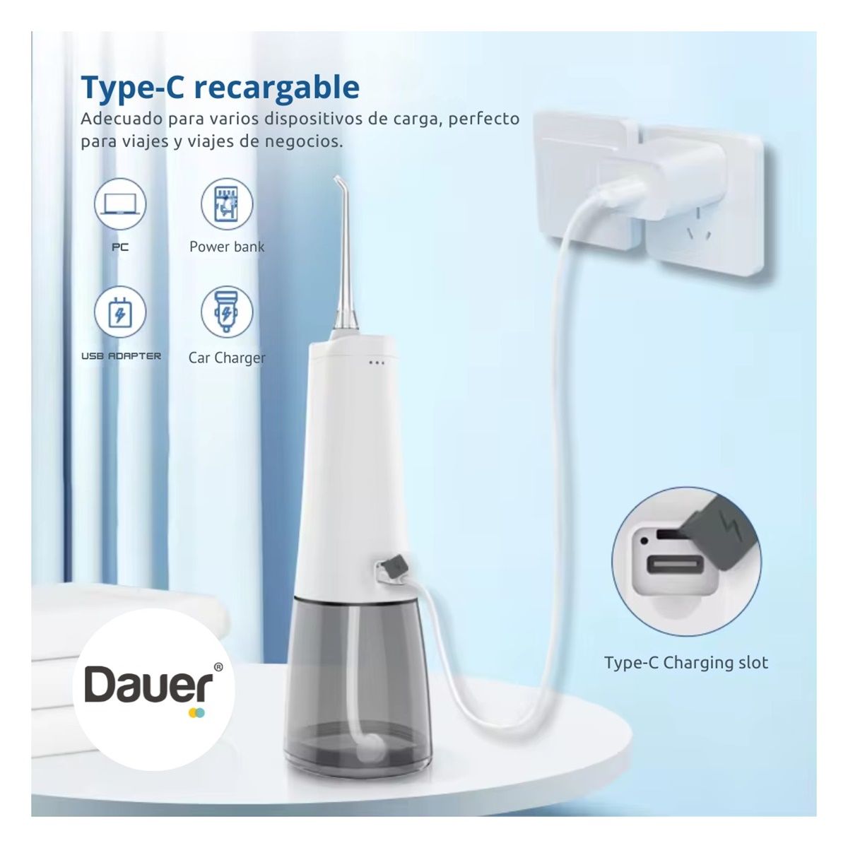 DAUER - Irrigador Bucal Inalámbrico Portátil  IPX7+4 Boquillas