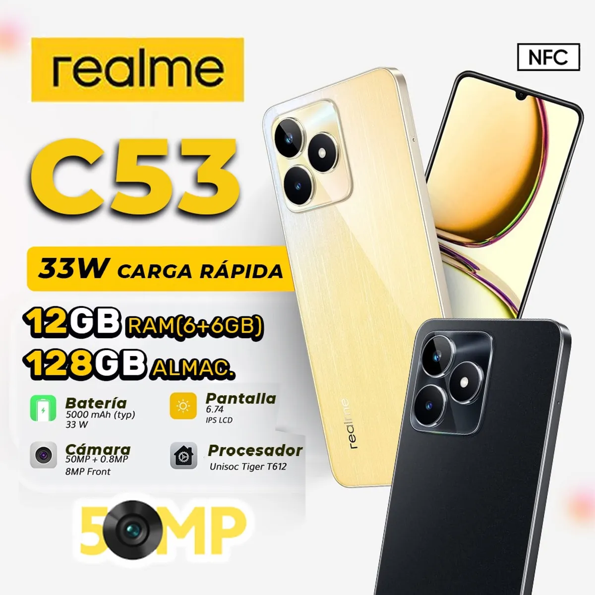 REALME - SMARTPHONE REALME  C53  128GB ROM+ 12GB RAM (6GB+ 6GB Extended) CAMERA 50MP / COLOR: NEGRO