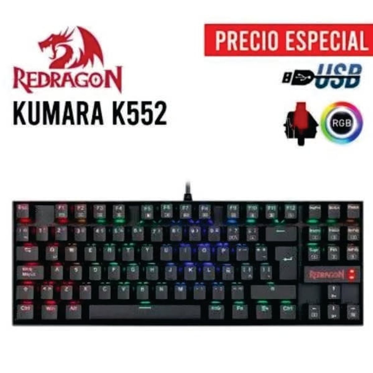 REDRAGON - TECLADO MECANICO REDRAGON KUMARA K552RGB BLACK SWITCH RED