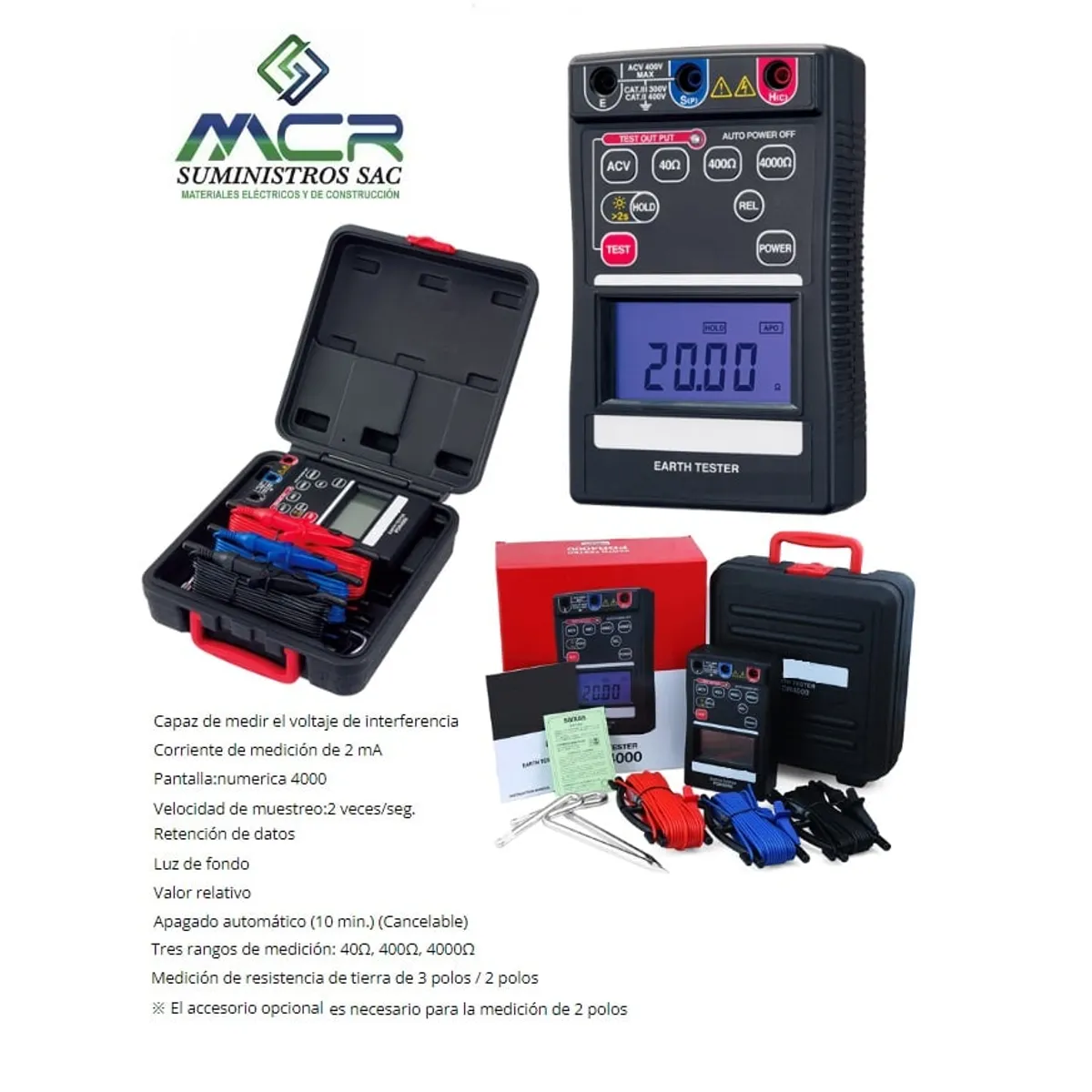 GENERICO - MEDIDOR DE RESISTENCIA PUESTA A TIERRA 4000OHM DIGITAL 820HZ 2mA