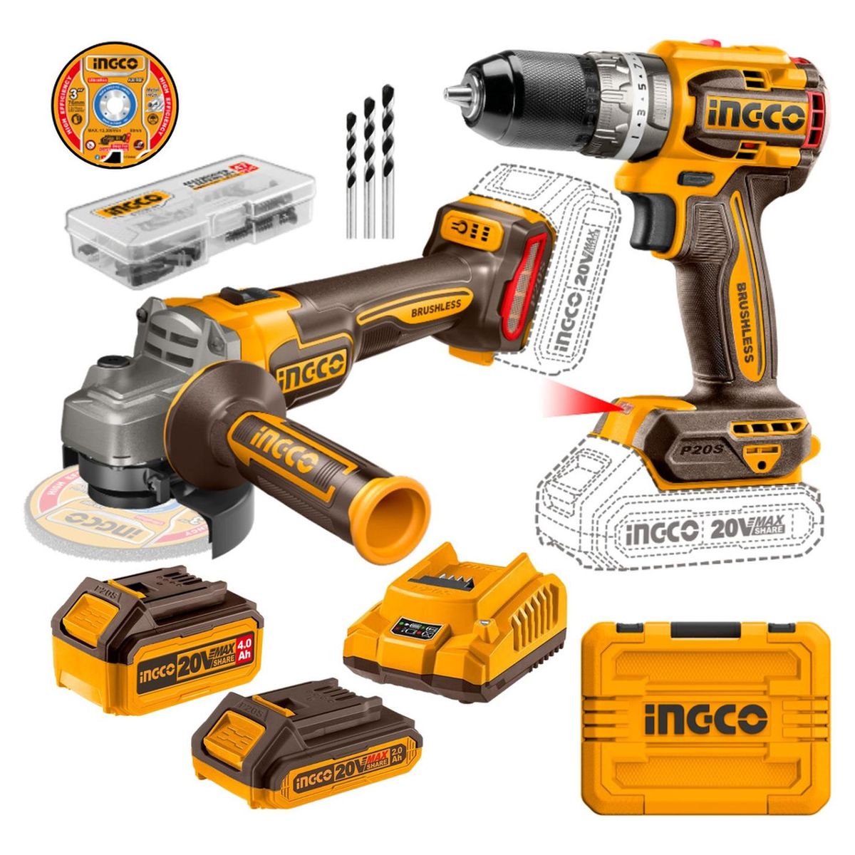 INGCO TOOLS - Combo industrial Taladro percutor 60Nm + amoladora 4½ Ingco