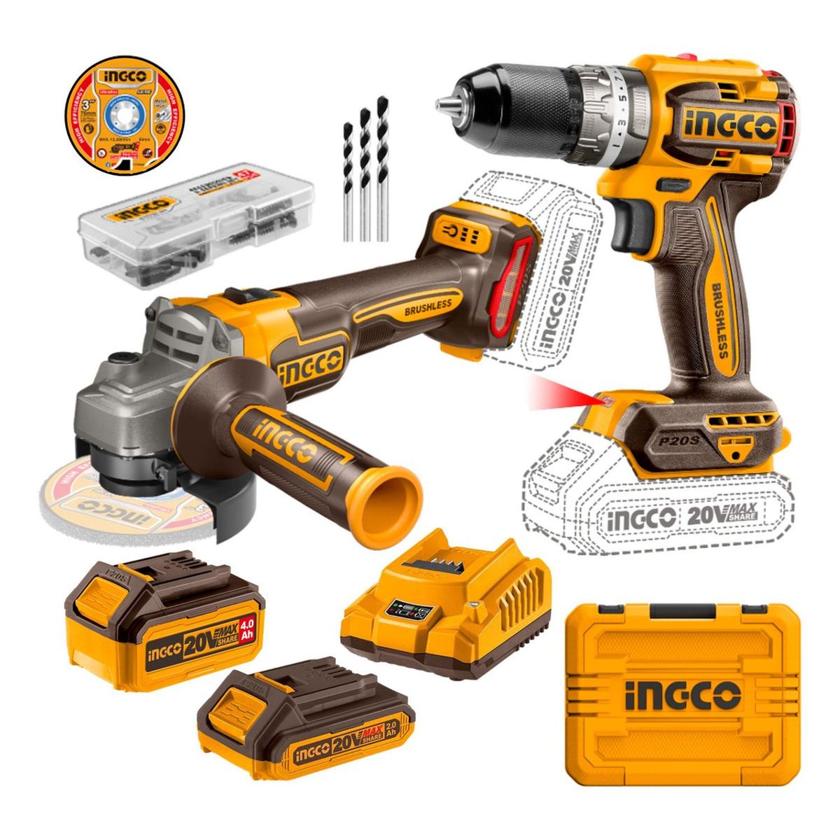 INGCO TOOLS - Combo industrial Taladro percutor 60Nm + amoladora 4½ Ingco