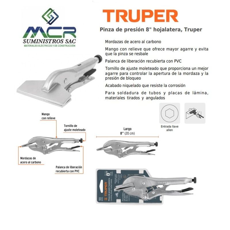 TRUPER - Pinza de presión de 8 pulgadas hojalatera Truper