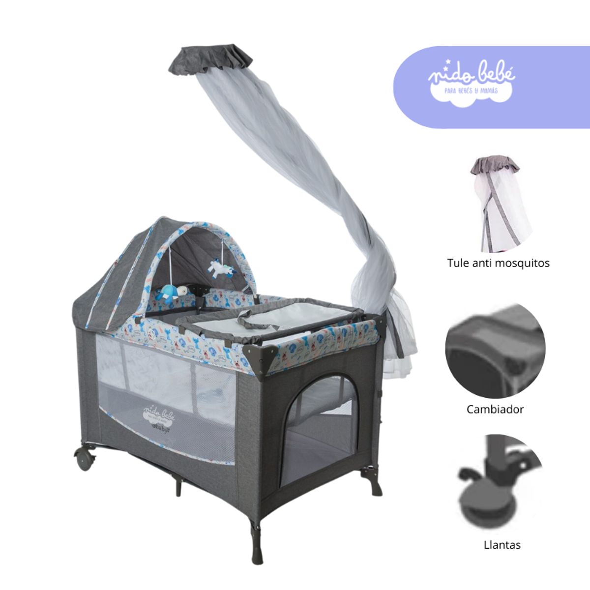 EBABY - Cuna Corral Mecedora Marina Premium color Plomo con Celeste