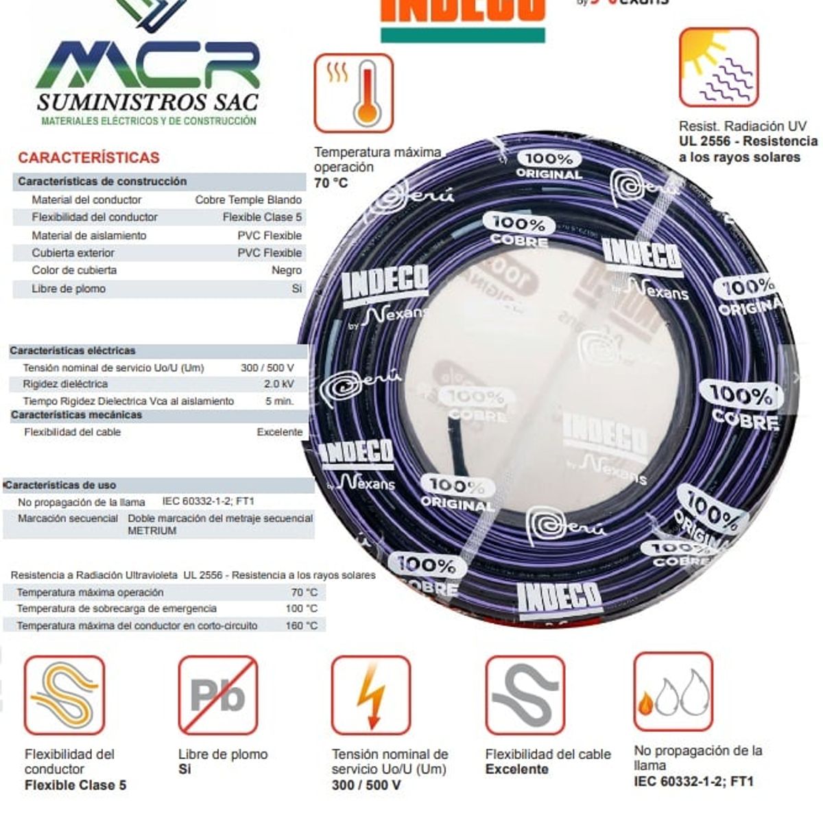 INDECO - Cable Vulcanizado 3X18AWG 100 Metros