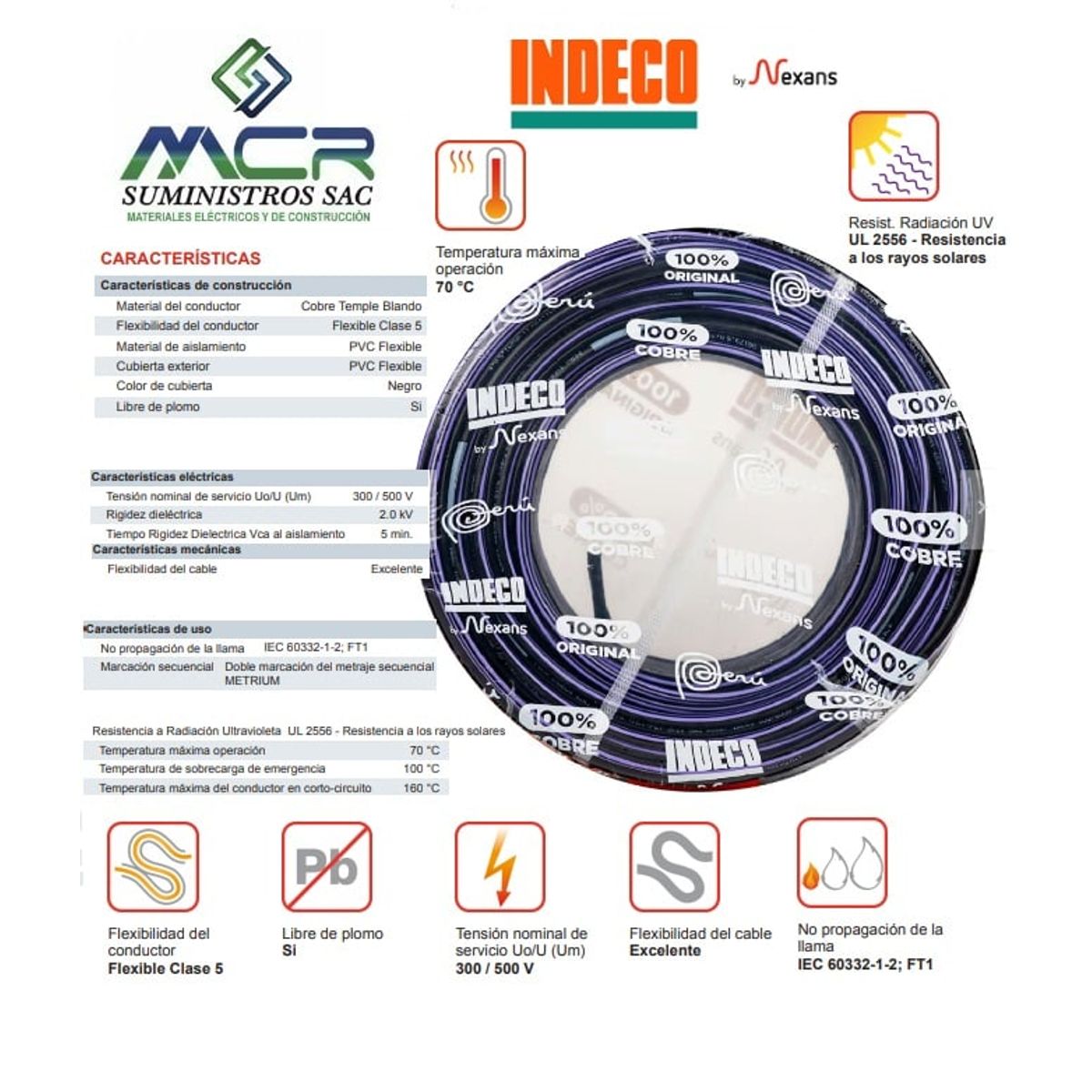 INDECO - Cable Vulcanizado 3X18AWG 100 Metros