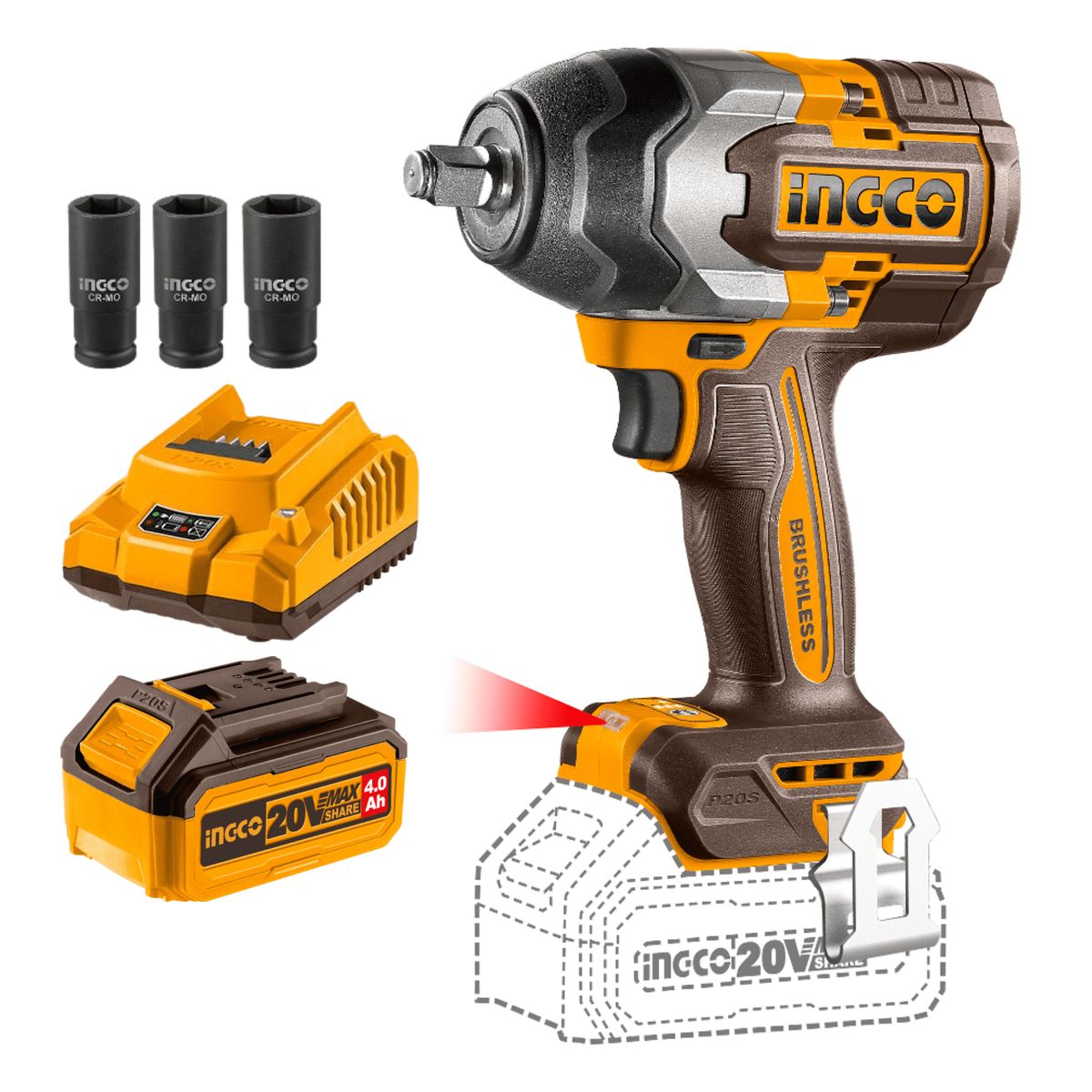 INGCO TOOLS - Llave de impacto 850nm + bateria 4ah y cargador Ingco