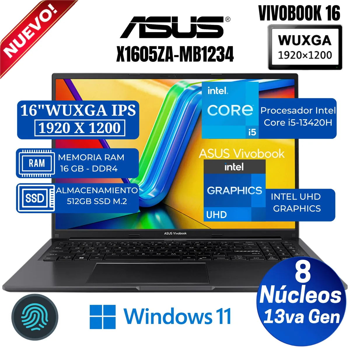 ASUS - Laptop ASUS Vivobook  X1605VA-MB1234 16"  WUXGA IPS, Core i5-13420H, Ram 16GB, Ssd 512GB, Win 11