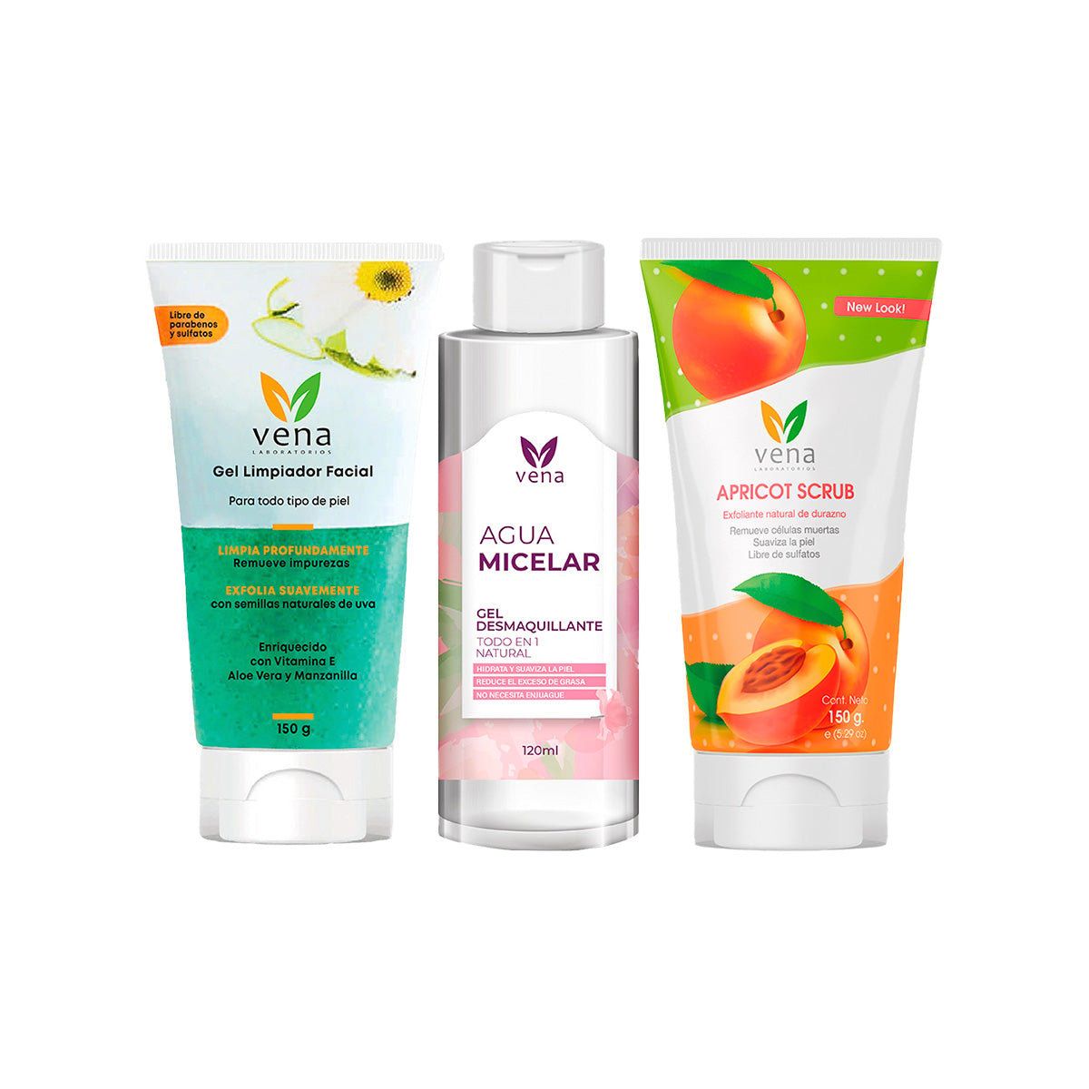 GENERICO - Gel Limpiador  + Agua Micelar Gel  + Exfoliante Natural Apricot  Vena_.