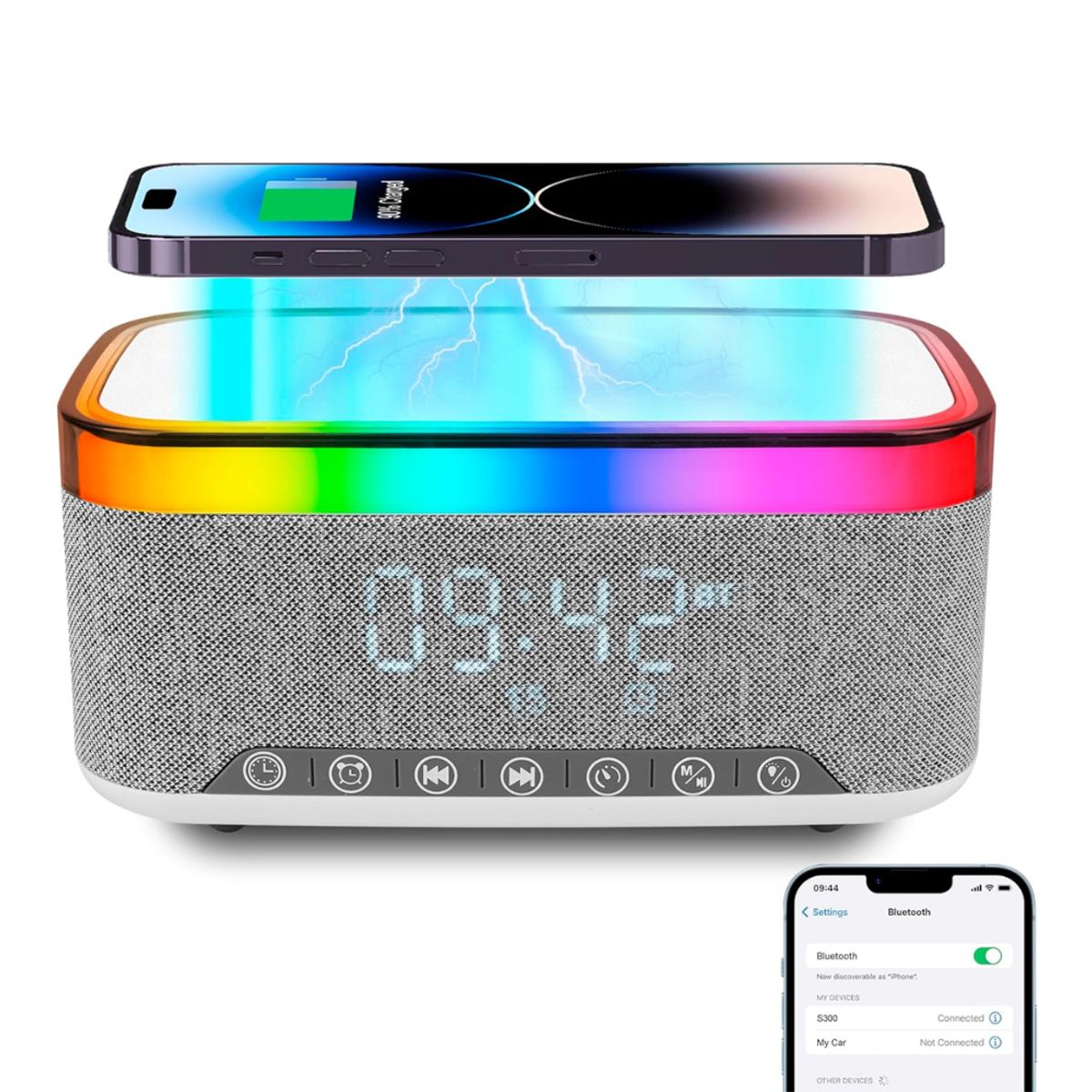 SEISA - Cargador Inalambrico Reloj Despertador con Radio Parlante Bluetooth