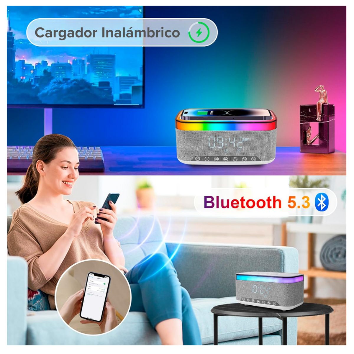 SEISA - Cargador Inalambrico Reloj Despertador con Radio Parlante Bluetooth