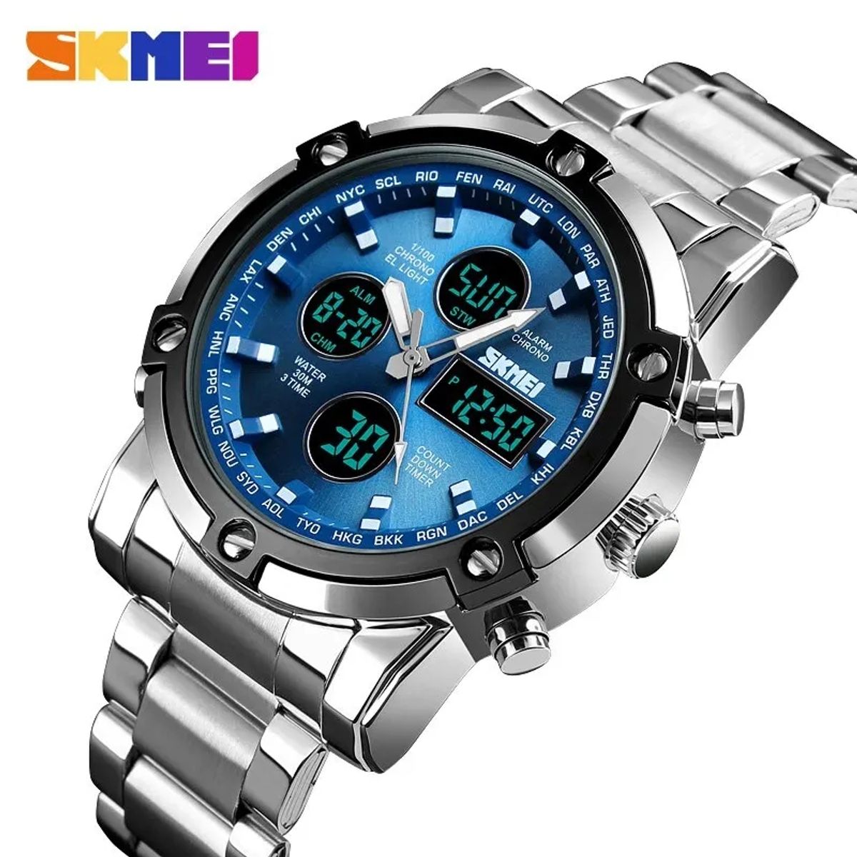 SKMEI - Reloj Skmei 1389 Plateado fondo azul Correa acero
