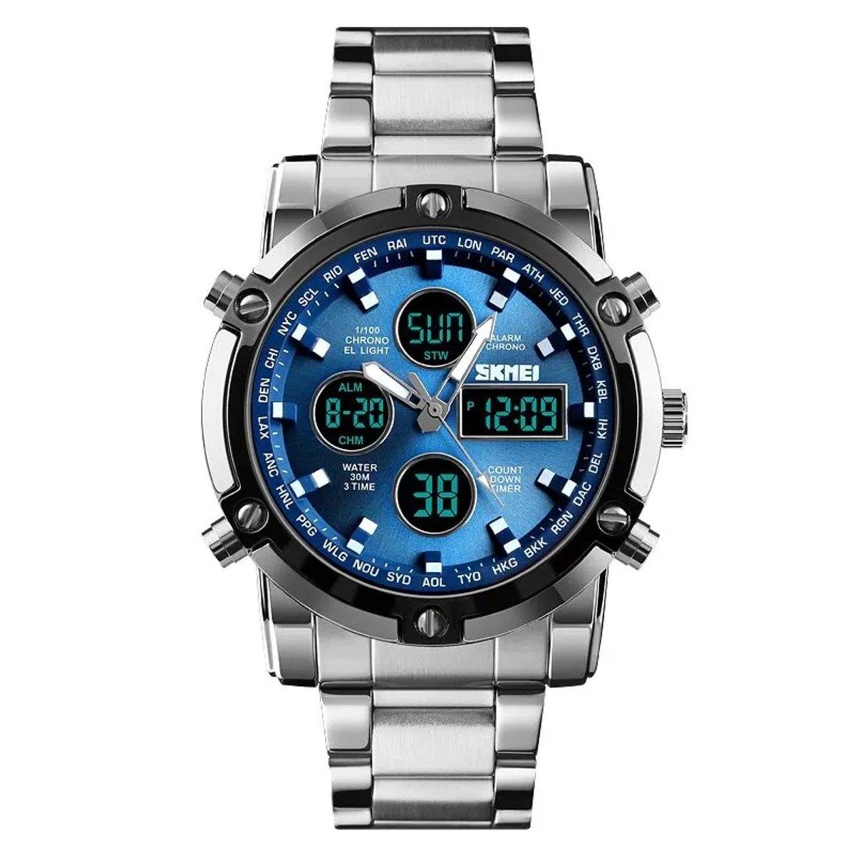 SKMEI - Reloj Skmei 1389 Plateado fondo azul Correa acero