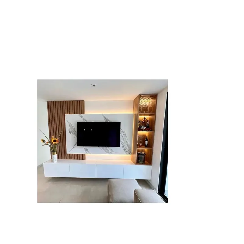 AMUEBLE - Centro de Entretenimiento WALL panel de TV Dante gold melamina