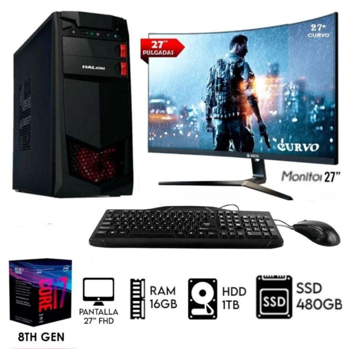 INTEL - Computadora PC Intel Core i7-8TH Ram16GB Disco 1TB+SSD 480GB Monitor 27 FHD