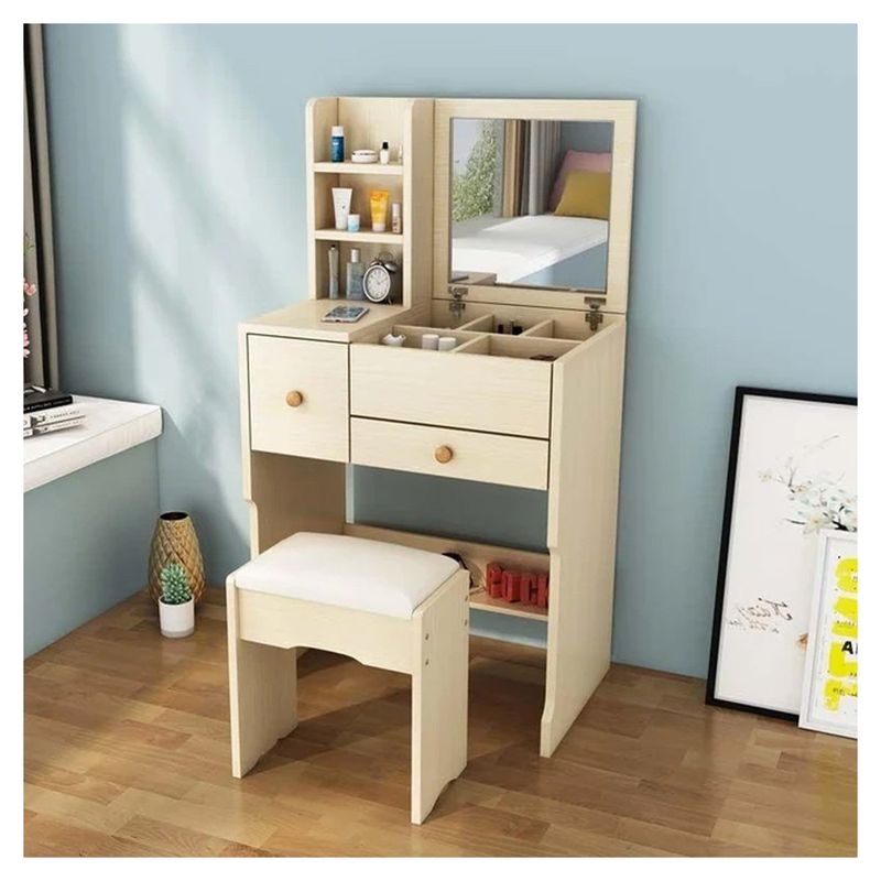 GENERICO - Tocador de Maquillaje Con Espejo Taburete Para Dormitorio Crema WJY074G