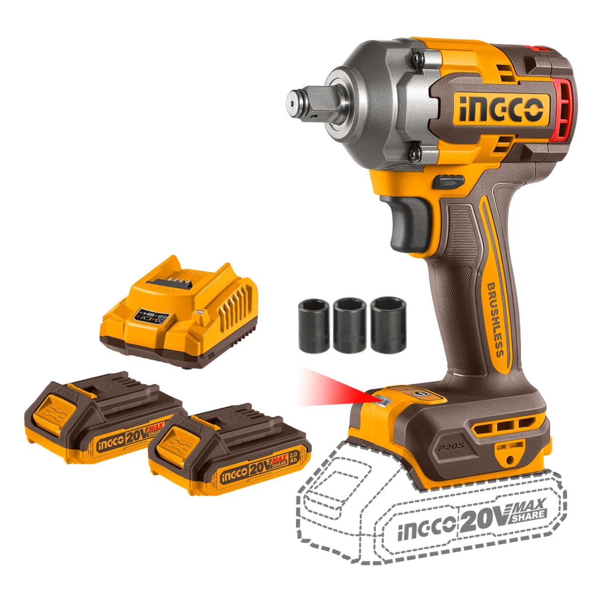 INGCO TOOLS - Llave de impacto 400 Nm + 2 baterias 2ah Ingco