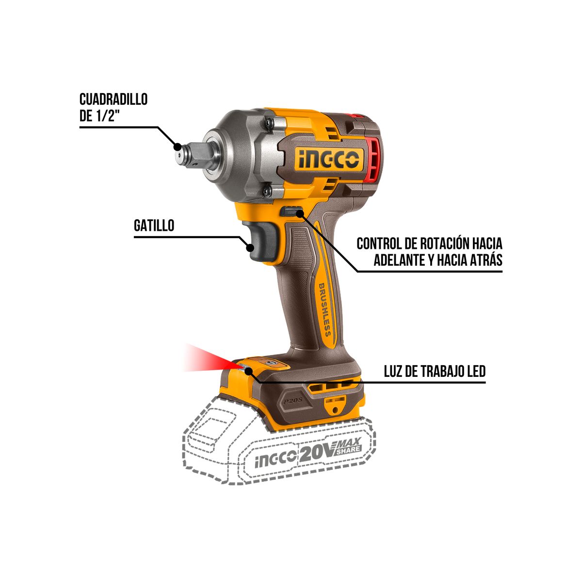 INGCO TOOLS - Llave de impacto 400 Nm + 2 baterias 2ah Ingco