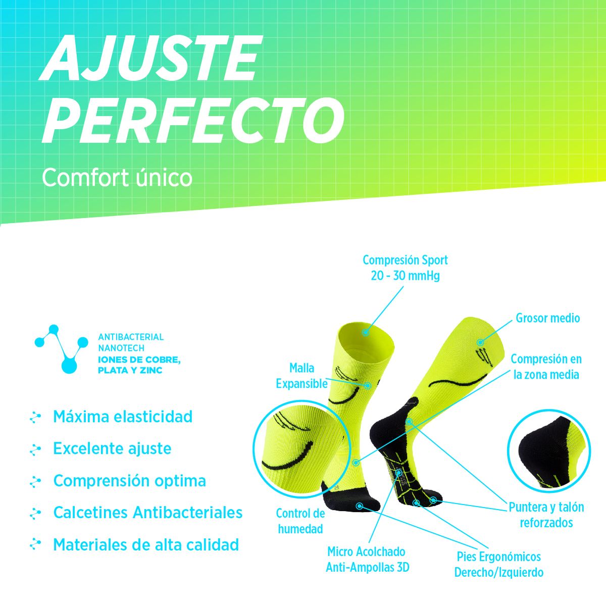 SILVERA NANOTECH - Medias de compresión 20-30mmHg padel ciclismo fútbol gym running 1 par