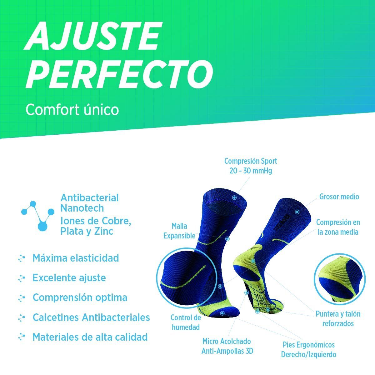 SILVERA NANOTECH - Medias de compresión 20-30mmHg padel ciclismo fútbol gym running 1 par