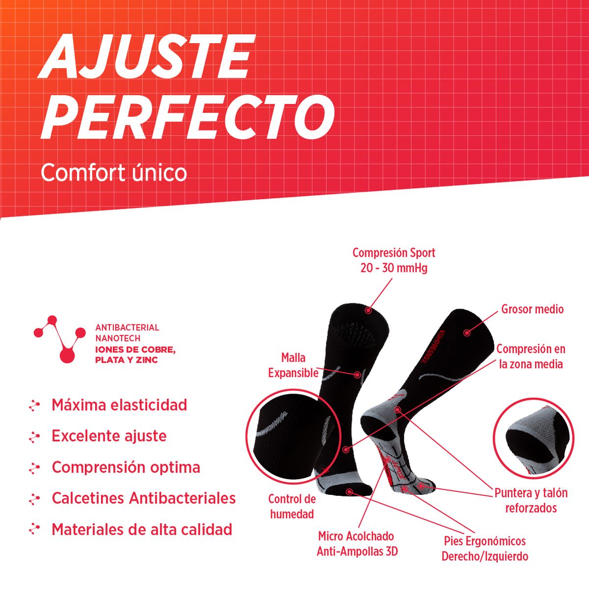 SILVERA NANOTECH - Medias de compresión 20-30mmHg padel ciclismo fútbol gym running 1 par