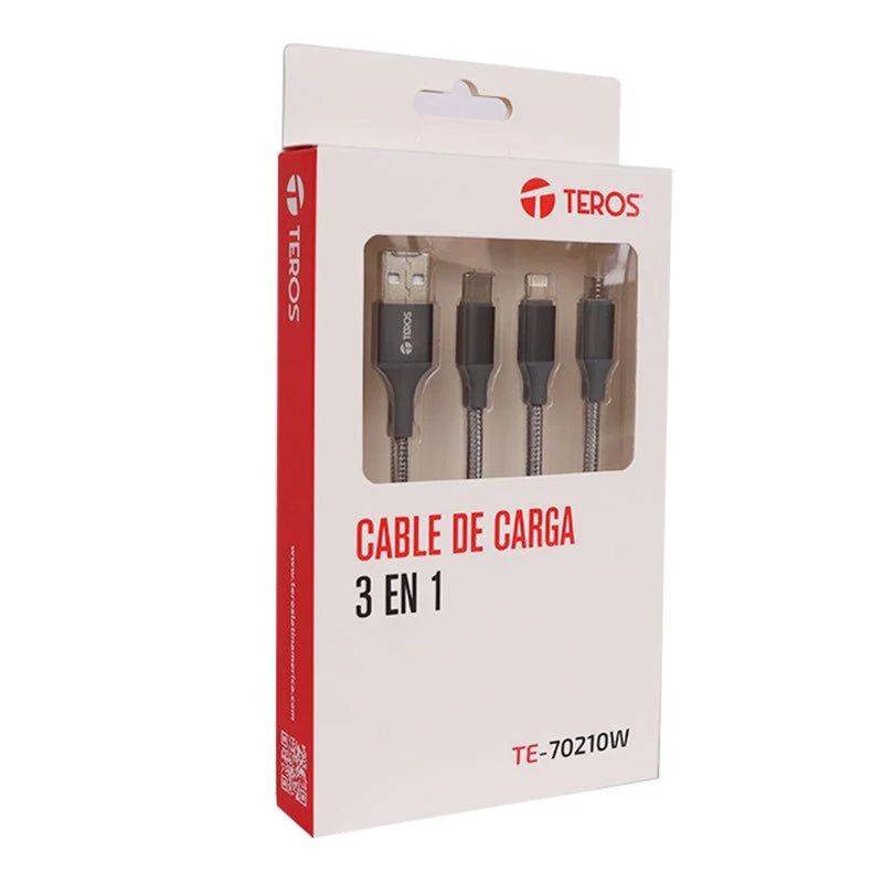 TEROS - CABLE USB 3 en 1 Teros TE-7021W USB a TIPO C LIGHTNING y mUSB 175w