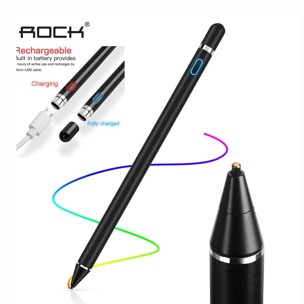 GENERICO - Lapiz stylus Recargable Para Smartphone y Tablet - Negro