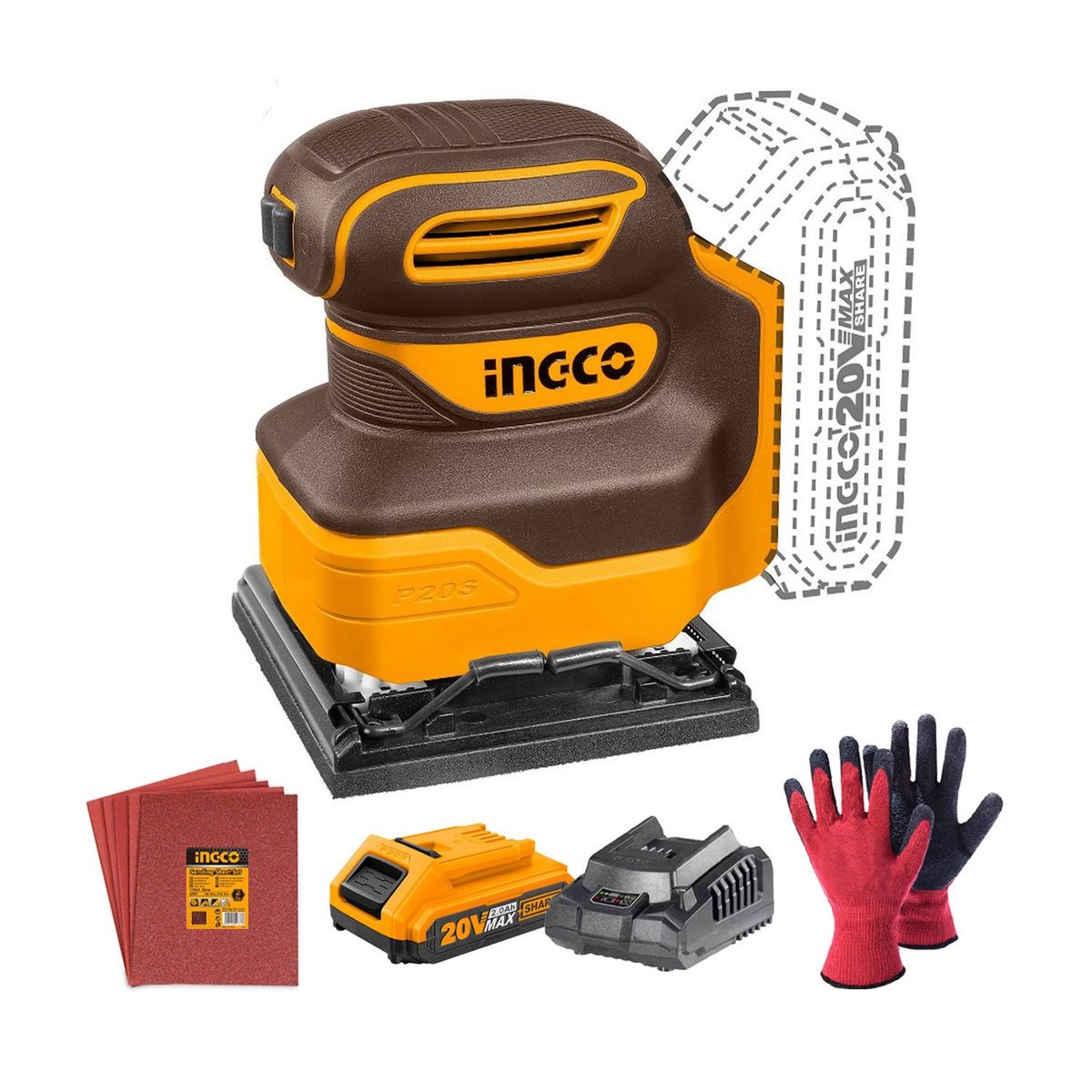 INGCO TOOLS - LIJADORA ORBITAL 20V INALÁMBRICA 1 BAT+ 5 LIJAS GUANTES