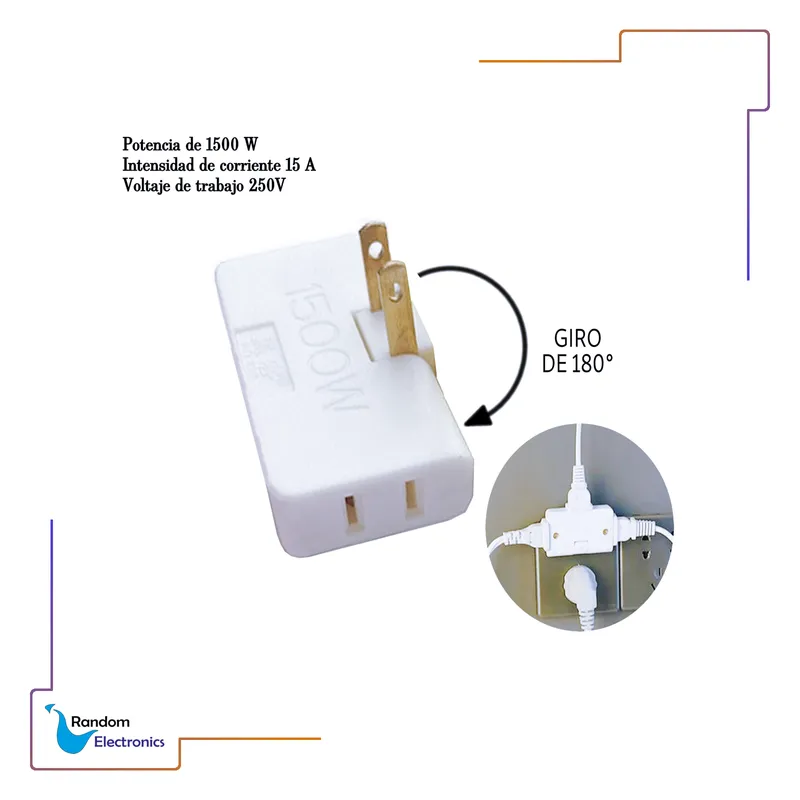 GENERICO - DMIOTECH ADAPTADOR ELECTRICO 250V 10A 1500W 3EN1 180 GRADOS